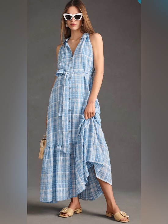 Anthropologie Dresses & Skirts - Anthropologie Light Blue Plaid Sleeveless Button-Front Maxi Dress